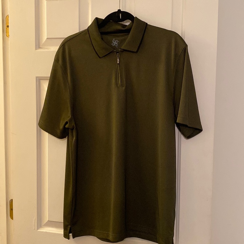 R and R army green Polo shirt with a zipper.